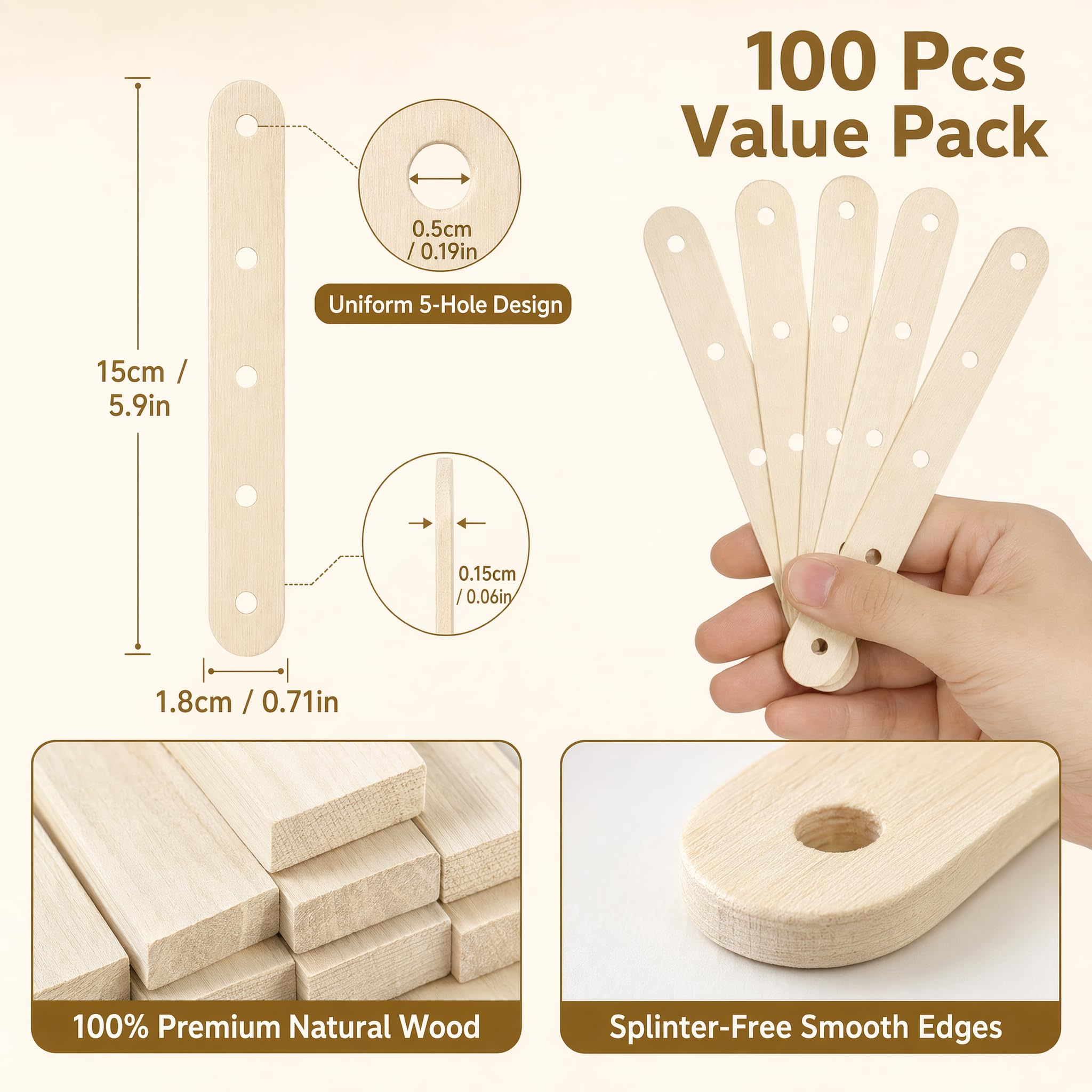 Housoutil Wooden Sticks with Holes 5.90 Inch Craft Ice Pop Sticks Pre-Drilled Ice Cream Sticks for Cake Pops Treats DIY Craft Projects