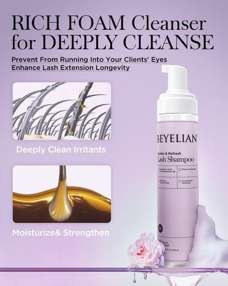 BEYELIAN Cluster Lash Glue Remover, Shampoo Kit for Eyelash Extension, 100ML Eyelash Shampoo, White Eyelash Extension Cleanser, Lash Eyelid Foam Cleaning Kit for Salon Use and Home Use