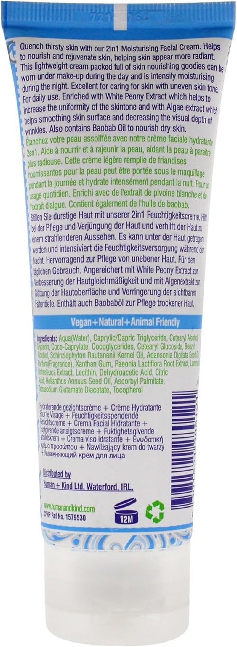 Human+Kind Moisturizing Facial Cream - Nourishing & Lightweight Daily Hydration - White Peony Extract - 2.5 oz