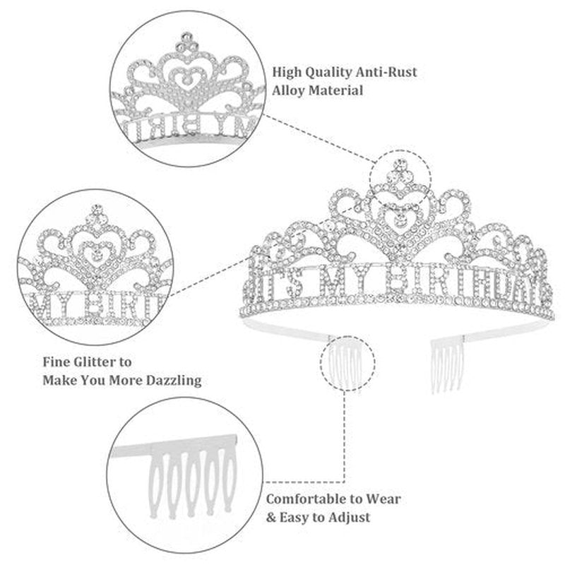 Araluky Silver Birthday Crown Adult Woman & Glitter It's My Birthday Sash for Women Princess Tiara for Parties Favors Party Decorations