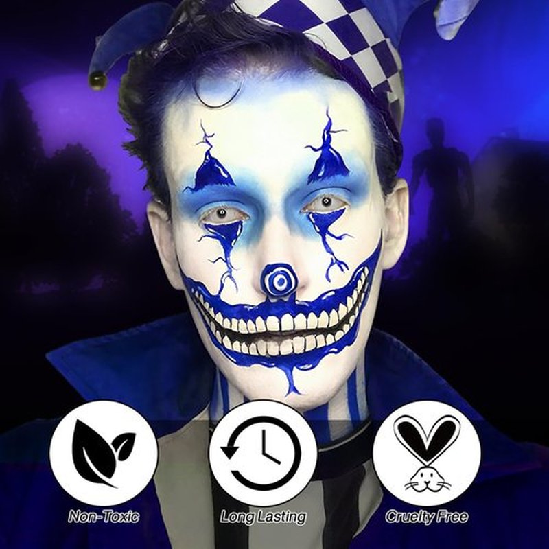 Black White Blue Face Paint Kit – 3×50g Oil-Based Grease Makeup with Remover Balm, Brushes & Sponges – Sweat-Proof, Easy On & Off SFX Makeup for Halloween, Cosplay, Ghost & Ice-Themed Stage Looks