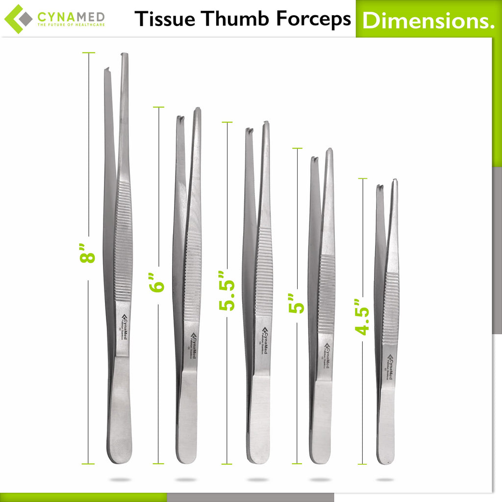 Cynamed Set of 5 Thumb Tweezer Multipurpose Forceps (Toothed, 1x2 Teeth) - Stainless Steel, 4.5in.-8 in.