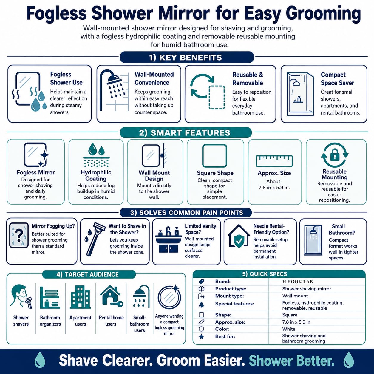 Hook Lab Shower Mirror with Razor Holder, Fog-Resistant, 7.8" x 5.9"