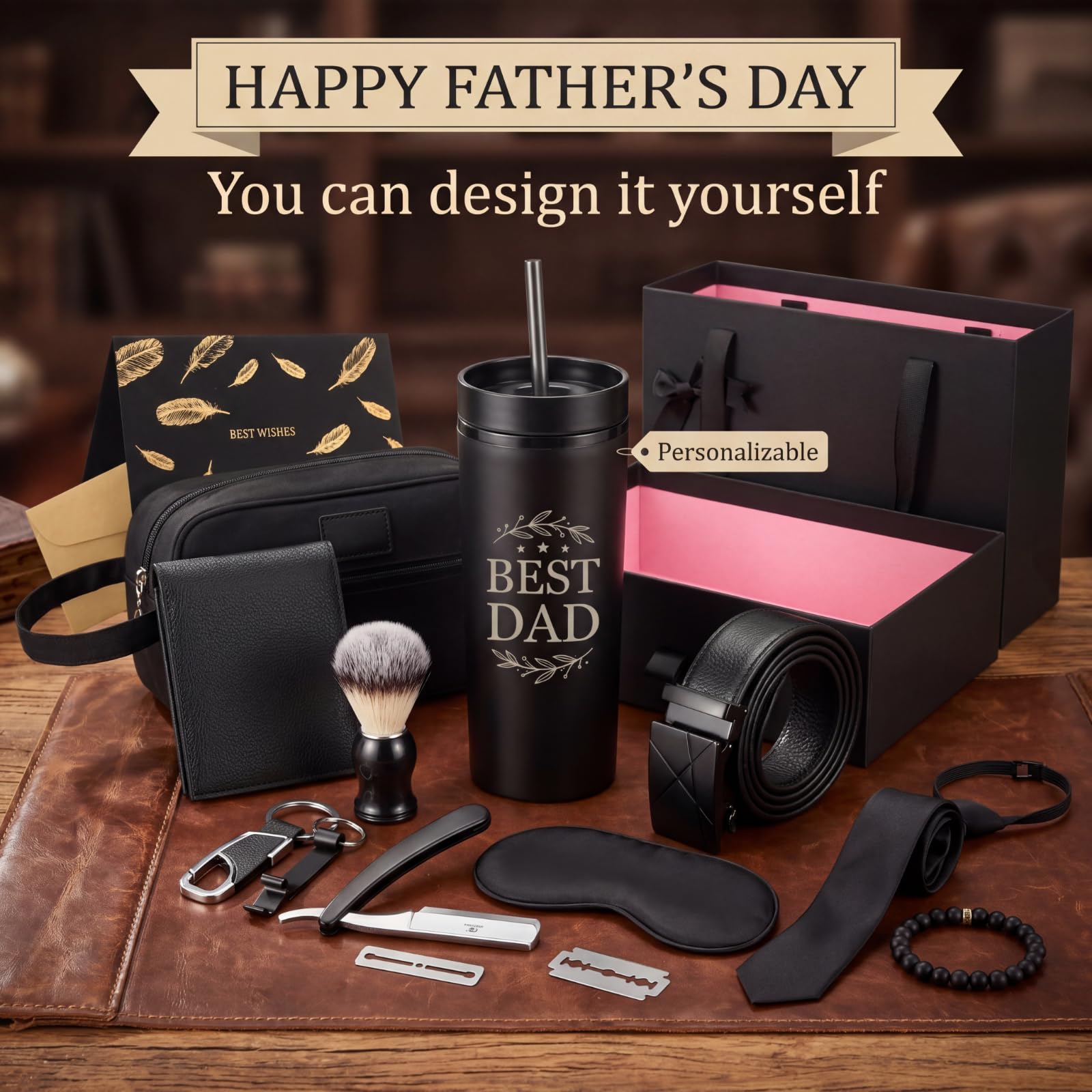 Tioncy 12 Pcs Father Gift Basket for Men Birthday Gift Set 16 oz Tumbler Bottle Opener Keychain PU Leather Wallet Tie Belt Bag Bracelet Eye Mask Thank You Present for Him Dad Husband Brother