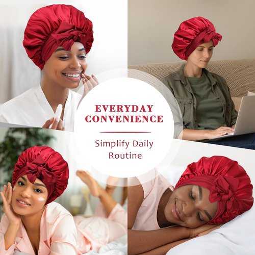 Satin Hair Bonnet Wide Band - Silk Like Sleeping Bonnets for Curly Hair Hair Wrap for Night Cap with Tie Band Breathable Satin Bonnet for Women and Girls (Red)