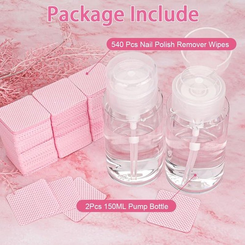 Pack of 2 Nail Polish Remover Pump Empty Dispenser Bottle with 540PCS Lint Free Nail Wipes for Alcohol, Acetone, Nail Polish and Makeup Remover Bullet Point 150 ml (2 Plastic Bottle and Wipe)