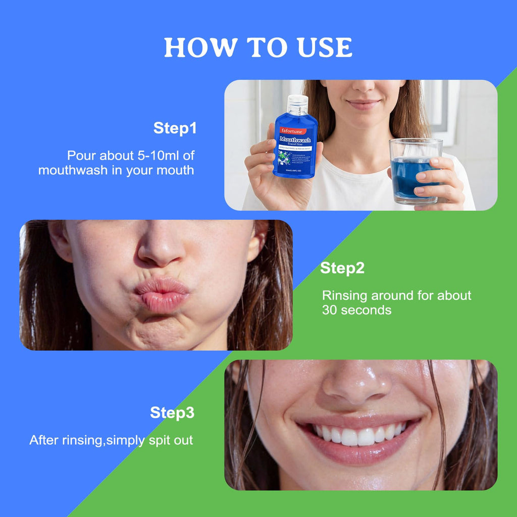 fafortune 1.69fl oz Travel Size Mouthwash Bulk Mini Mouthwash Small Portable Alcohol Free Bottles Individual for Travel Camping Hotels On-The-Go(Pack of 20,Mint and Green Tea)