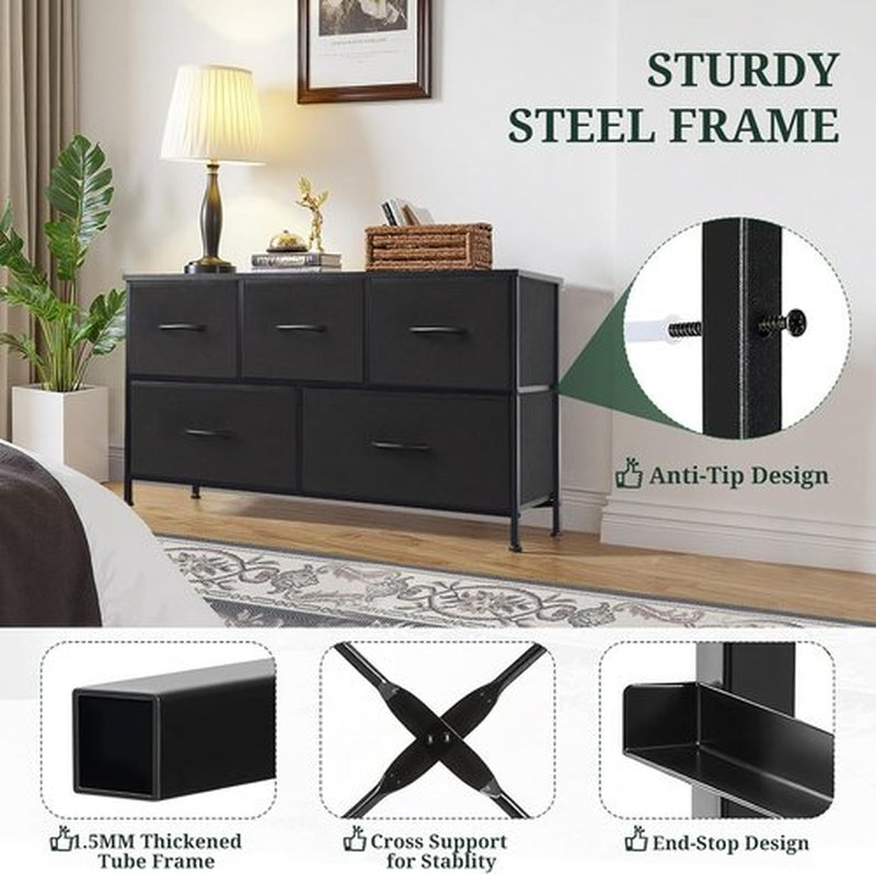Skiennix 5-Drawer Dresser - Anti-Tip Fabric Chest with Wooden Top & Metal Frame | Black