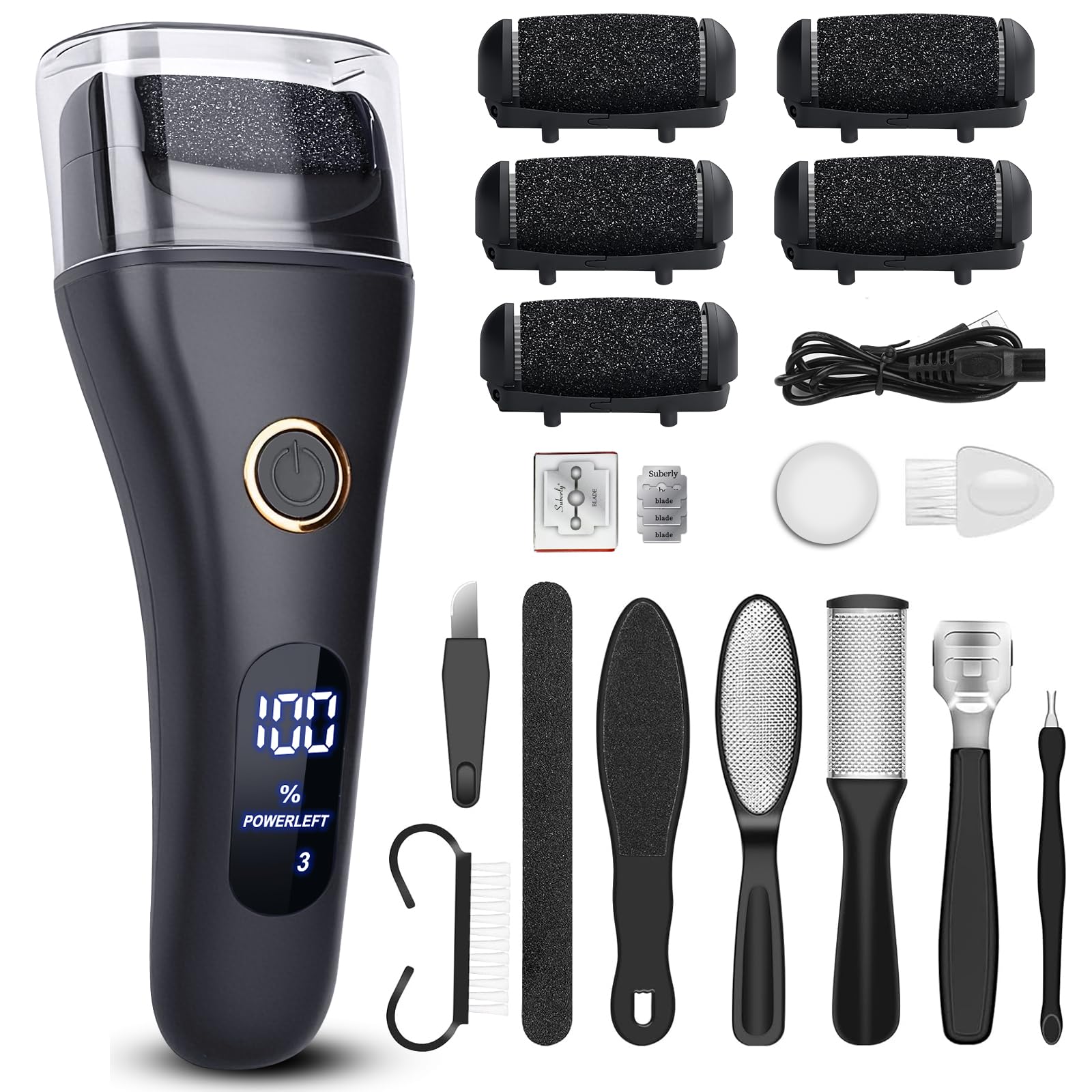Electric Foot File Callus Remover for Feet - 6pcs Larger Grinding Head&3Speed, Pedicure Kit Foot Scrubber Deadskin Callus Remover, Foot Care Kit Pedicure Tools for Dead Skin Callus Hardskin Dry Cracks