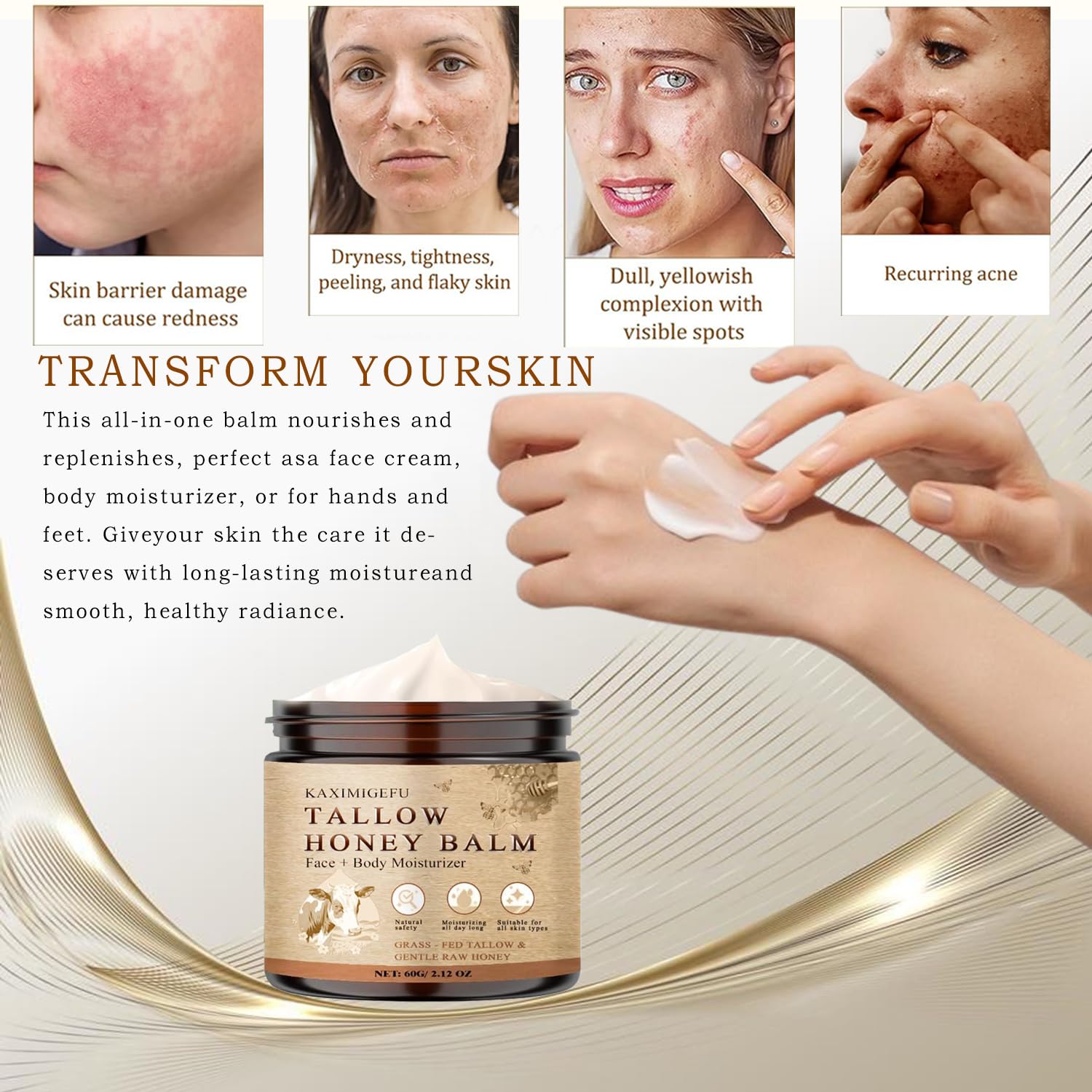 Beef Tallow for Skin - Organic Grass Fed Whipped Moisturizer with Honey Balm, Natural Hydrating Cream for Face & Body, Relief for Dry & Sensitive Skin