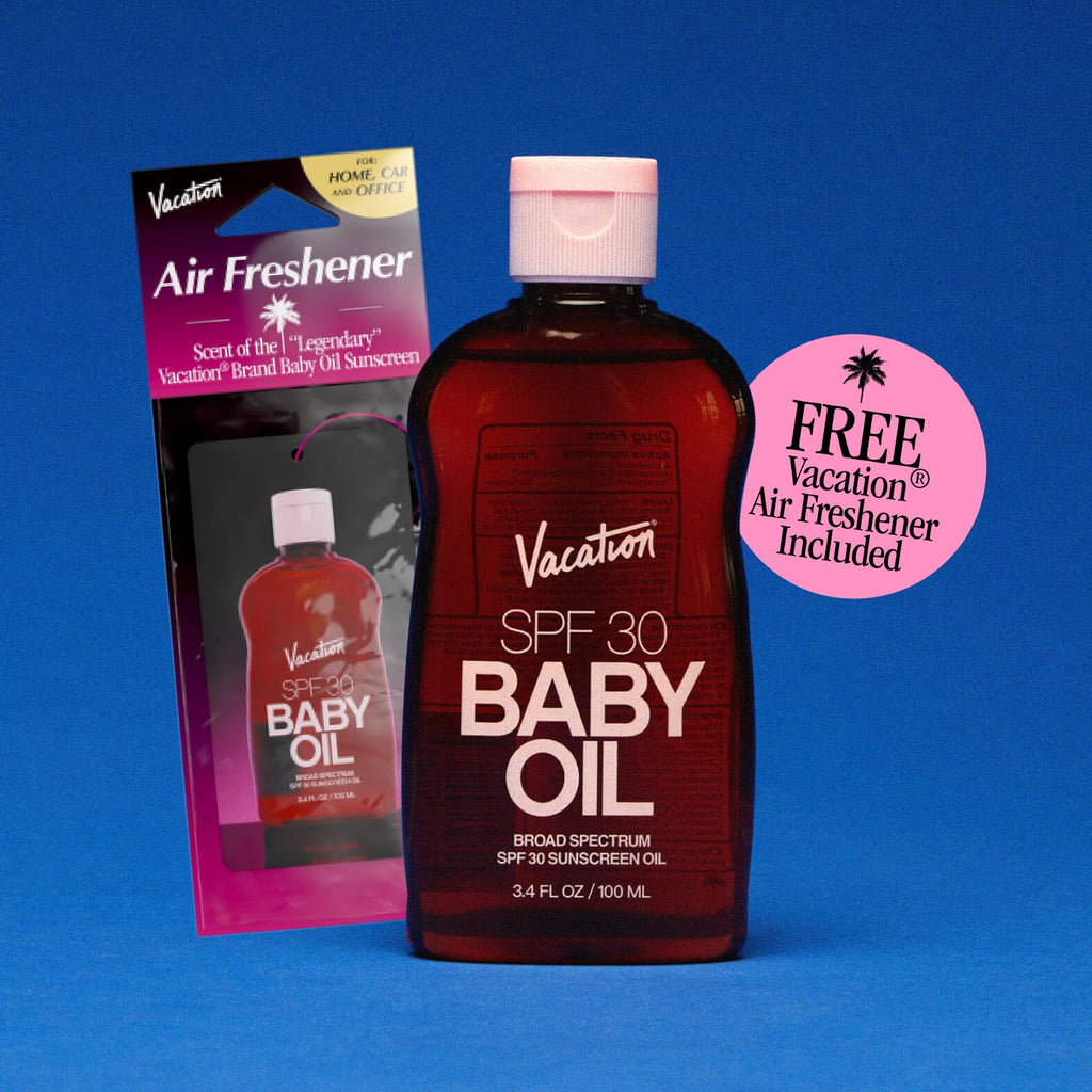Vacation Baby Oil SPF 30 Sunscreen Oil and Air Freshener Bundle, 3.4 Fluid Ounces - Hydrating, Lightweight, Body Sunscreen, Transparent on All Skin Tones, Water-Resistant, Vegan
