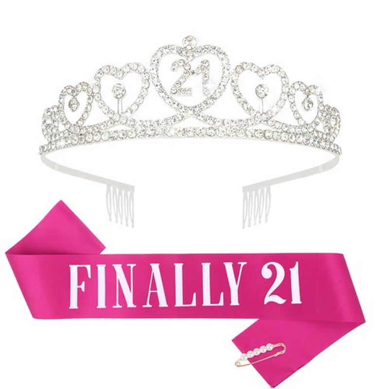 Amariver Finally 21 Silver Crown with Rhinestones & Hot Pink Sash - 21st Birthday Tiara & Party Supplies