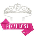 Amariver Finally 21 Silver Crown with Rhinestones & Hot Pink Sash - 21st Birthday Tiara & Party Supplies