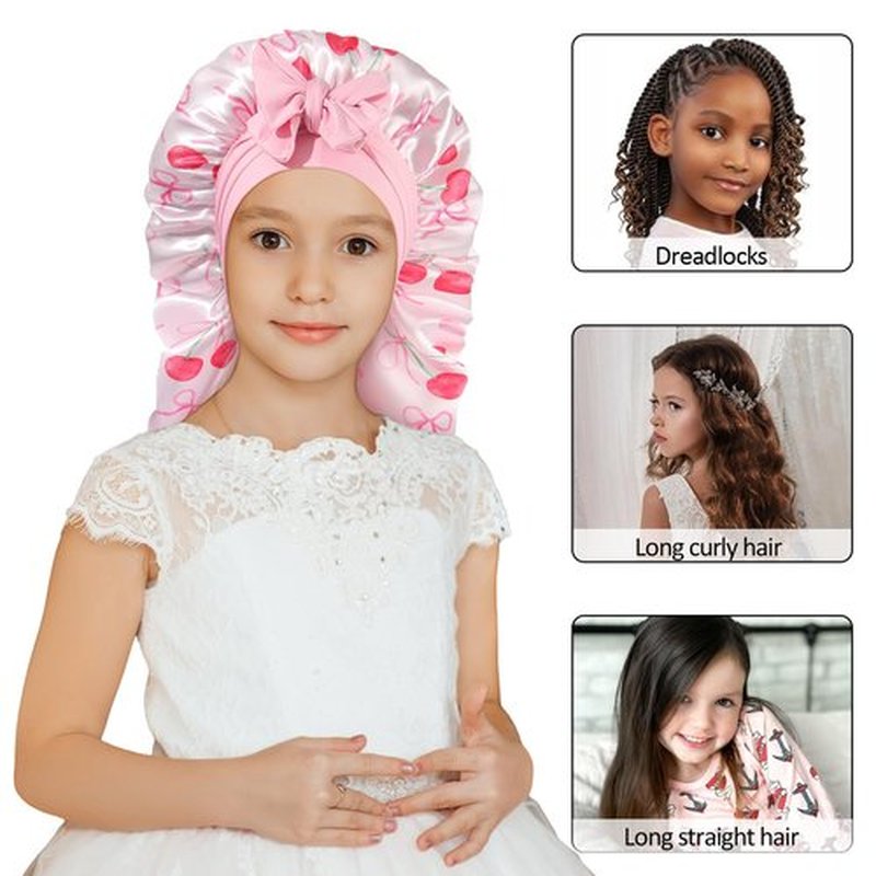 AWAYTR Long Toddler Silk Bonnet for Sleeping Elastic Satin Bonnets for Curly Hair Braid Bonnet Night Cap for Aged 3-12 Kids (Cherry Pink)