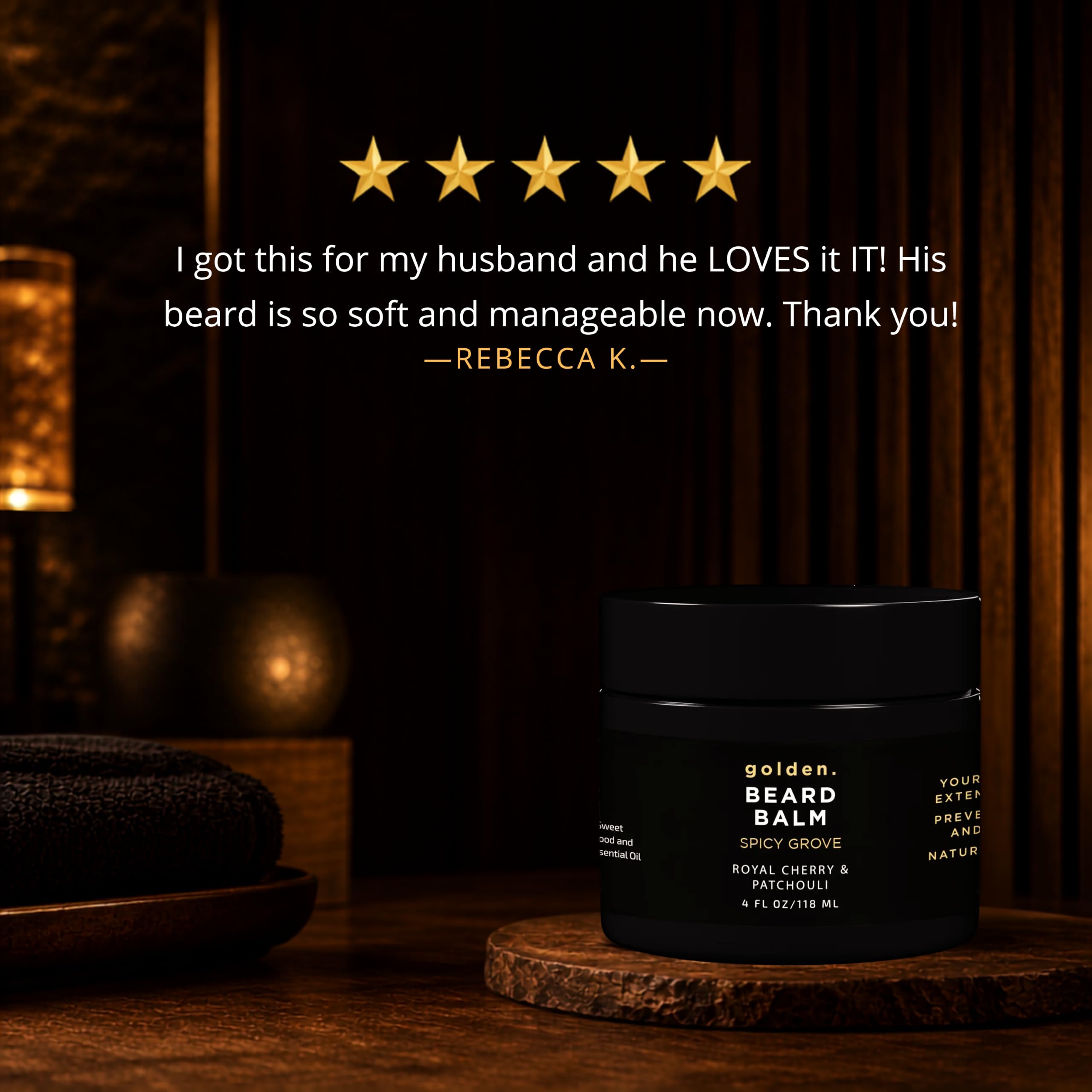 Golden Grooming Beard Balm - Tames Flyaways & Promotes Thicker Growth - Natural Styling Wax with Shea & Mango Butter - Relieves Beard Itch & Dandruff - Spicy Grove, 4oz