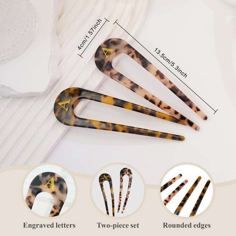 Fohufo French Hair Pin for Women - 5.3 Inch 2 Pcs Tortoise Shell Initial French Pin, Fashion Hair Accessories for Women, Acetate Cute Hair Forks, Birthday Gifts Valentines Day Gifts, Letter A