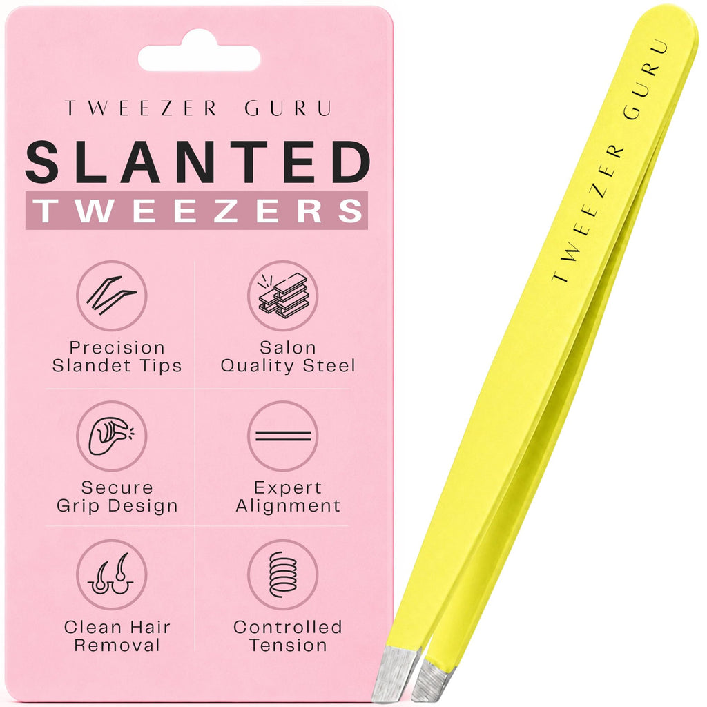 Tweezer Guru Tweezers for Women Facial Hair & Men – Precision Slant-Pointed Eyebrow Tweezer for Ingrown Hair, Blackhead & Splinter Removal (Yellow)