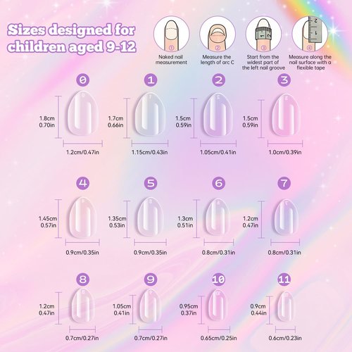 krofaue 240Pcs Almond Kids Nail Tips - 12 Sizes Soft Gel Extra Short Press on Nails for Children Girls Clear Almond Fake Nails for DIY Manicure (9-12 years old)
