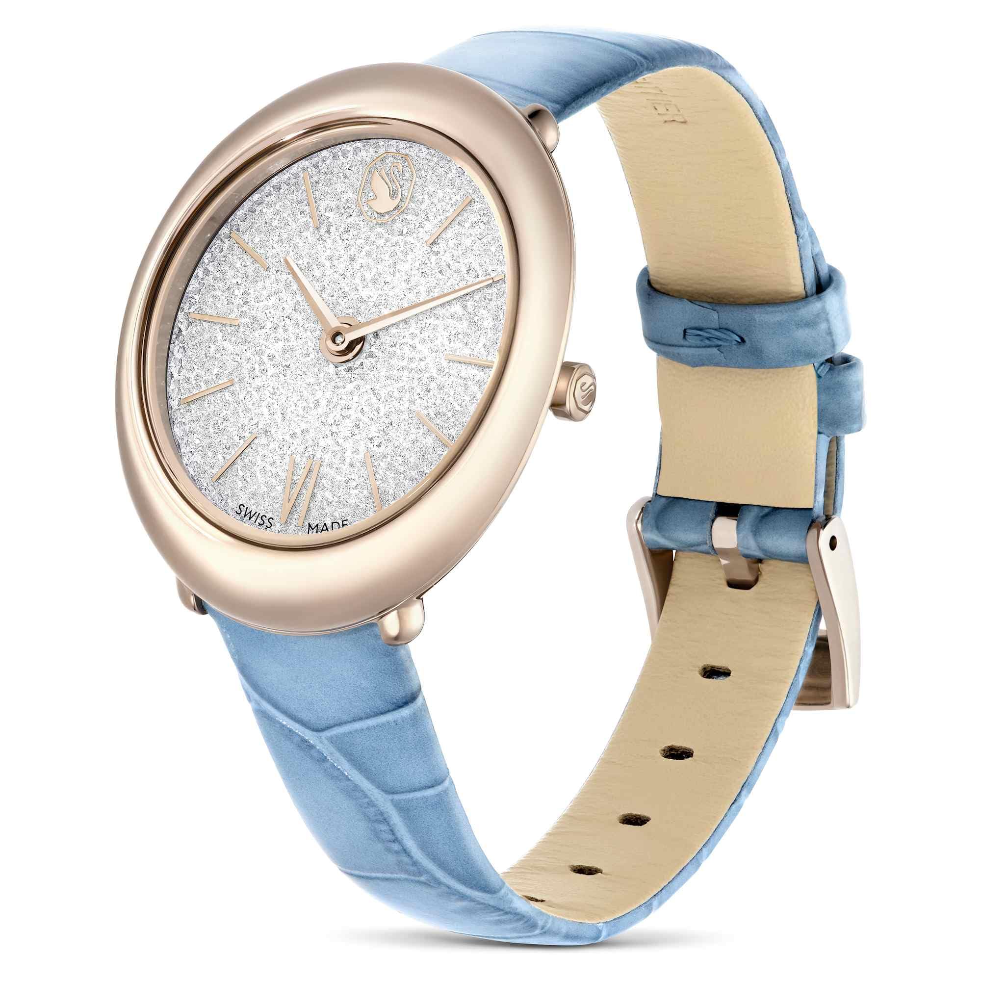 Swarovski Imber Watch, Swiss Made, Leather Strap, Blue, Champagne Gold-Tone Finish