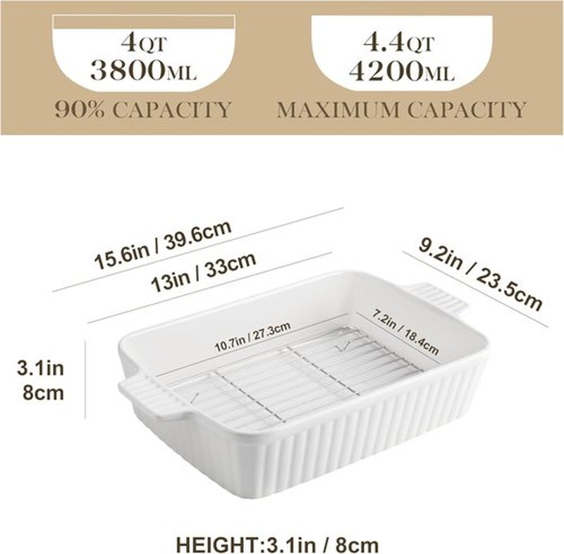 MALACASA 4.4 QT Ceramic Baking Dish - Large 9x13 Casserole Pan with Rack & Handles | Oven & Microwave Safe, White