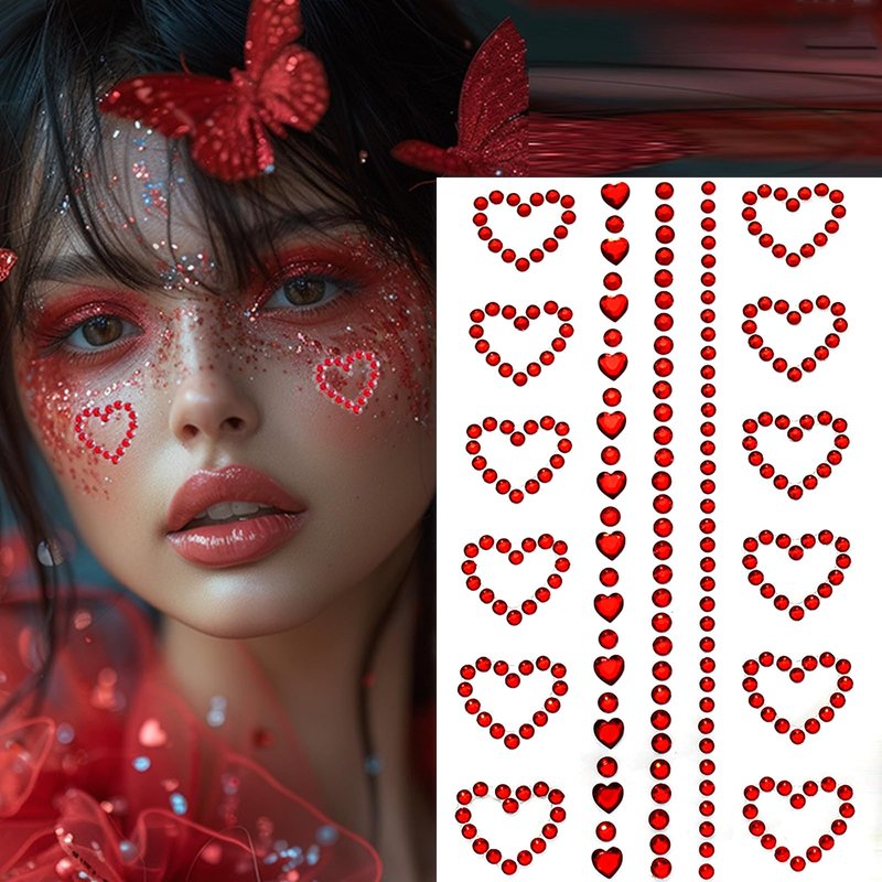 Valentine's Day Face Jewelry Body Face Rhinestone Temporary Tattoo Sticker Set Red Heart Face Gems for Women Girls Festive Face Stickers for Valentine's Day (Red Heart)
