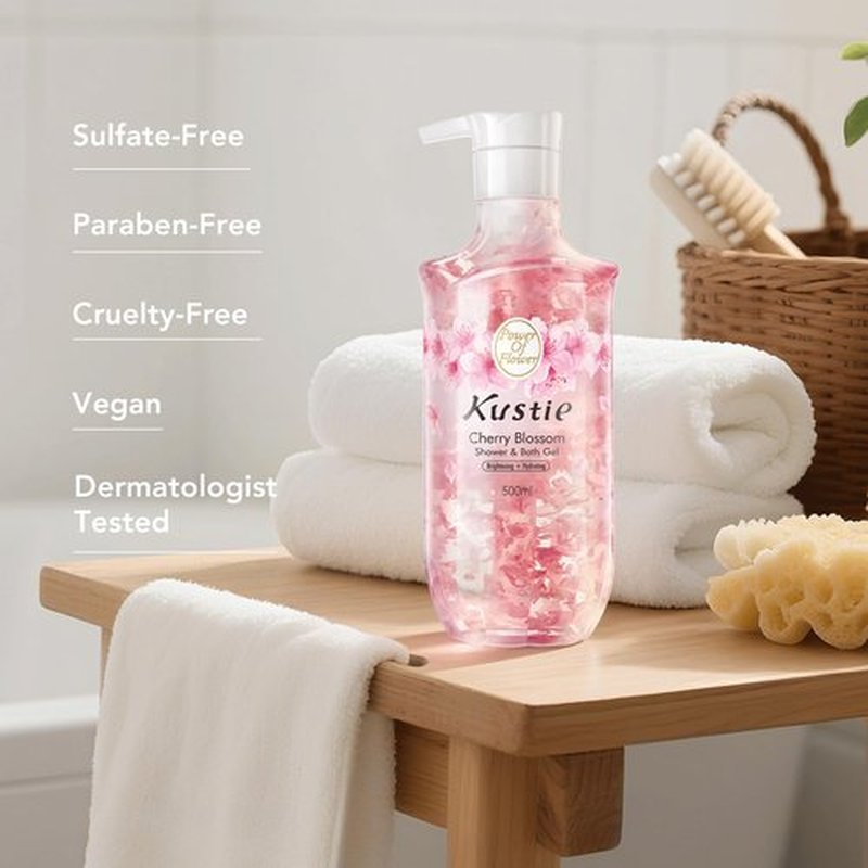 Kustie Cherry Blossom Body Wash with Real Flower Petals – Hydrating Shower Gel with Niacinamide & Hyaluronic Acid, Moisturizing Floral Cleanser for Dry & Sensitive Skin, Sakura Extract, 16.9 fl oz