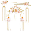 HINZIC 5Pcs Flowers Tassel Hair Pins Set, Crystal Rhinestone Pearl Hair Stick, Chinese Hanfu Traditional Wedding Classical Hair Accessories Earrings Set for Women Girls Updo Long Hair