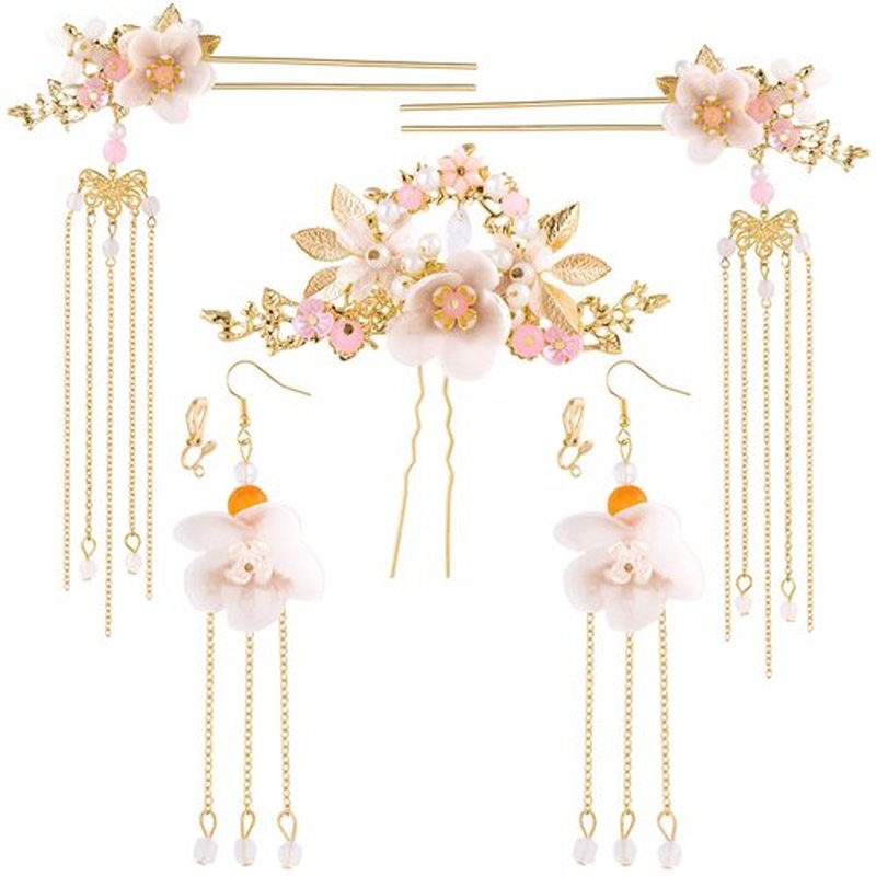HINZIC 5Pcs Flowers Tassel Hair Pins Set, Crystal Rhinestone Pearl Hair Stick, Chinese Hanfu Traditional Wedding Classical Hair Accessories Earrings Set for Women Girls Updo Long Hair