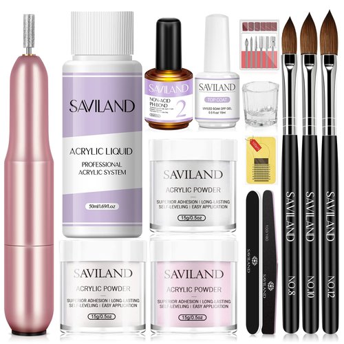 SAVILAND Acrylic Nail Kit with Drill for Beginners - 0.5oz Clear White Pink Acrylic Powder and Liquid Set Nail Brushes Professional Nails Kit Set Home DIY Extension Carving