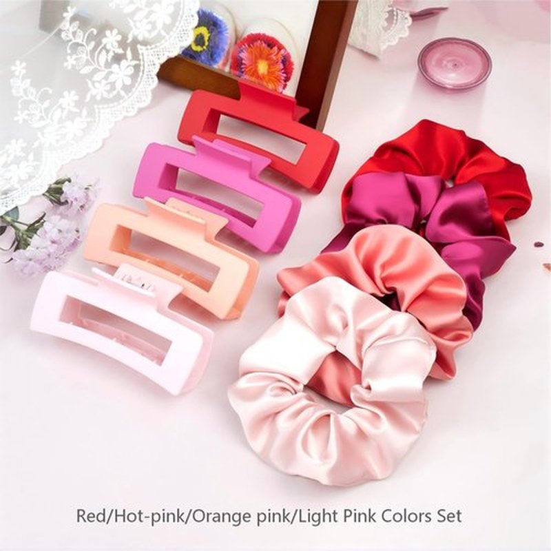 JGQUR 8pcs Hair Clips and Scrunchies Set for Women – 4 Non-Slip Matte Medium Claw Clips, 4 Large Satin Scrunchies, Hair Accessories for Thick Thin Hair, Party, Daily Use (Pink Colors Set)