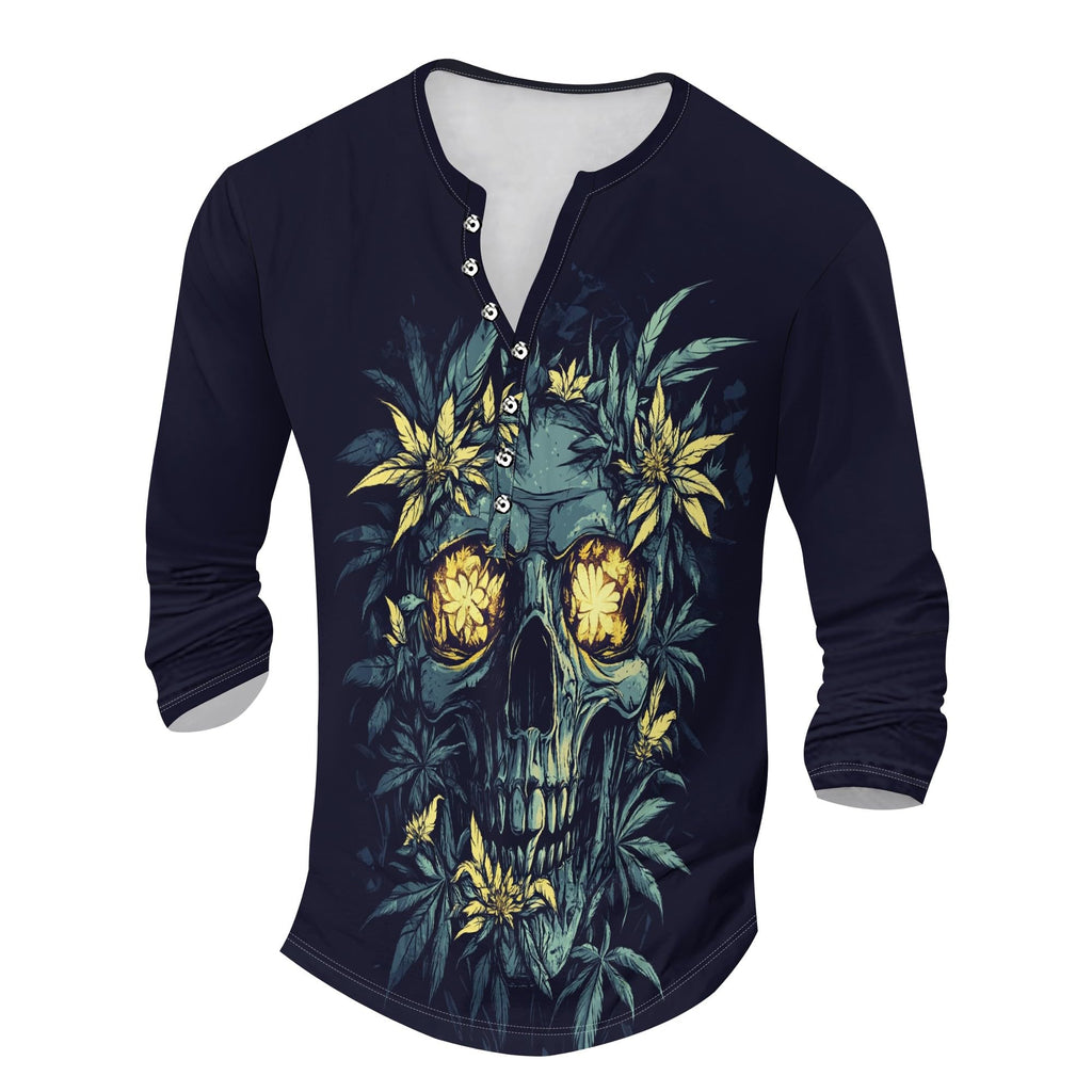 Long Sleeve Henley Shirts for Men Skull Palm Graphic T-Shirt Gothic Style Cotton Blend Tee Shirts Half Button Trendy Slim Fit Color Block Fall Tops