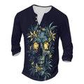 Long Sleeve Henley Shirts for Men Skull Palm Graphic T-Shirt Gothic Style Cotton Blend Tee Shirts Half Button Trendy Slim Fit Color Block Fall Tops