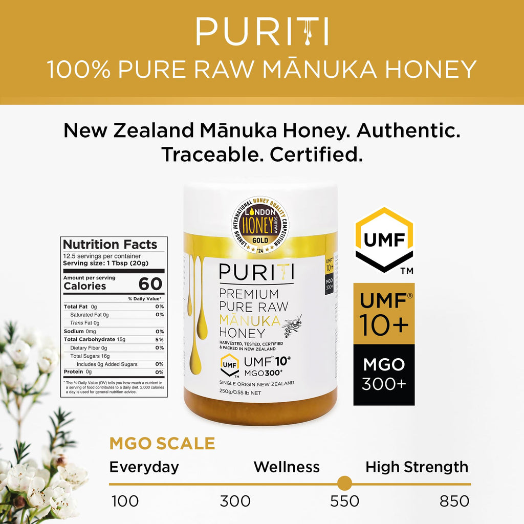 PURITI Manuka Honey MGO 300+ / UMF 10+ | 100% Pure Genuine Raw Manuka Honey | 8.8 Oz / 250g | Harvested, Tested, Certified and Packed in New Zealand