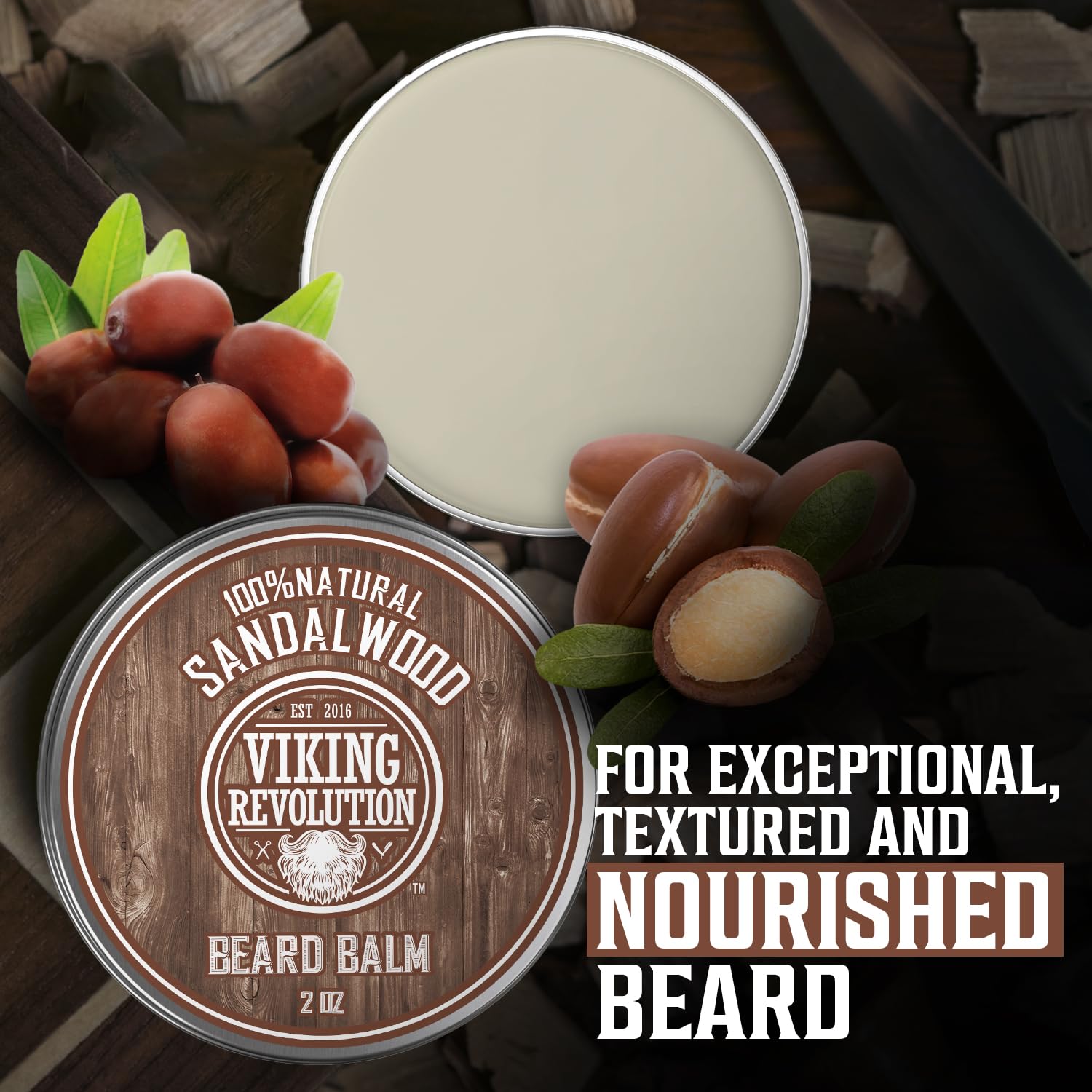 Viking Revolution Sandalwood Beard Balm - Beard Butter with Argan Oil, Beard Softener for Men with Jojoba Oil - Beard Moisturizer for Men with Beeswax - Beard Wax for Men (2oz, 2 Pack)