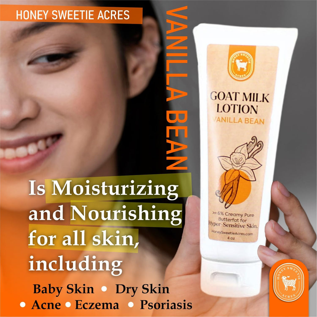 Honey Sweetie Acres Fresh Off The Goat All-Natural Goat Milk 4 oz Vanilla Bean Body Lotion is a cruelty-free, handmade lotion that hydrates and moisturizes - Made in the USA