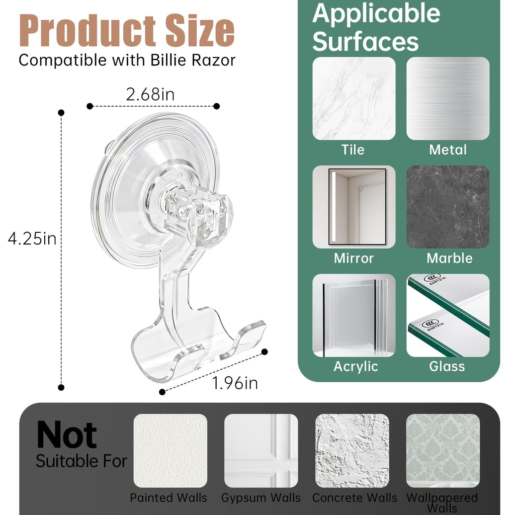 Piszvbej 2 Pack Razor Holder Compatible with Billie, Shower Razor Holder for Wall, Powerful Suction Cup Shower Hooks, Damage-Free Wall Hooks, Removable, Easy to Install and Reuse, Clear
