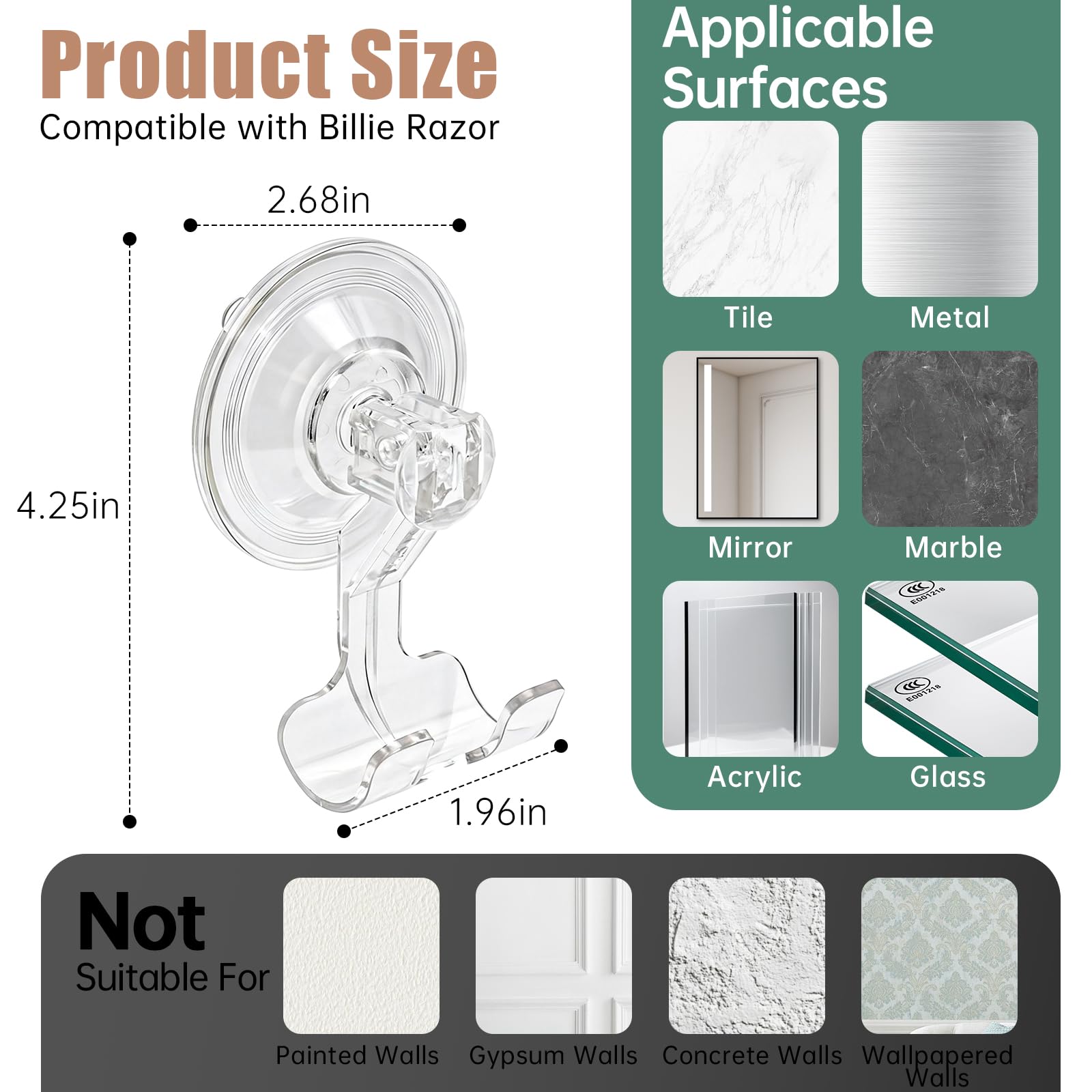 Piszvbej 2 Pack Razor Holder Compatible with Billie, Shower Razor Holder for Wall, Powerful Suction Cup Shower Hooks, Damage-Free Wall Hooks, Removable, Easy to Install and Reuse, Clear