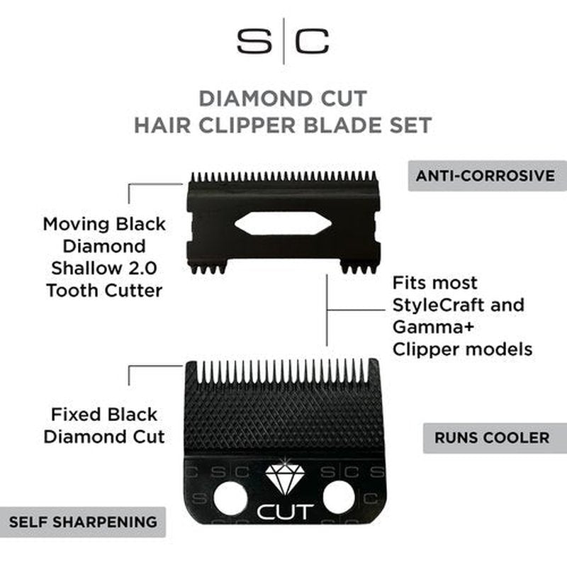StyleCraft Replacement Diamond Cut Fixed Fade Hair Clipper Blade with Shallow Tooth 2.0 Moving Cutter Set