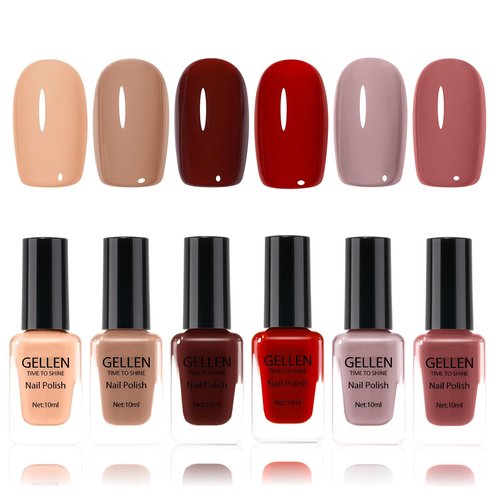 GELLEN Nail Polish Set, Nude Red Brown Quick Dry Traditional Regular Nail Polish Fall Winter 6 Colors Set for Finger Toe & Acrylic Fake Nails Home Salon, Non UV Gel, TPO HEMA Free, Non-toxic