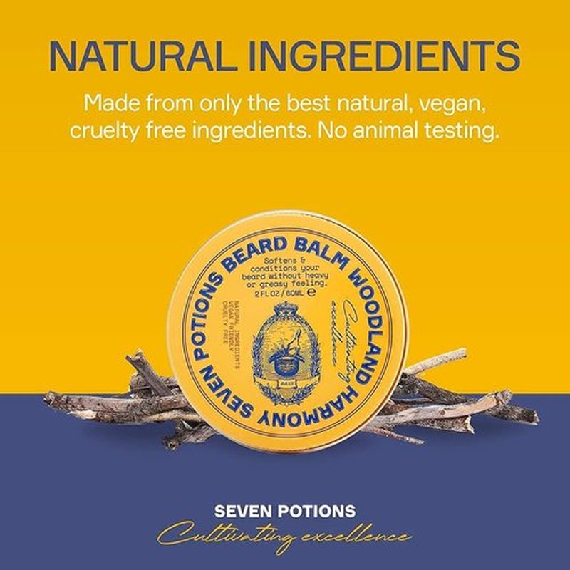 Seven Potions Beard Balm - 100% Natural Softener with Jojoba Oil for Nourished, Shiny Beards | 2 oz. Woodland Harmony