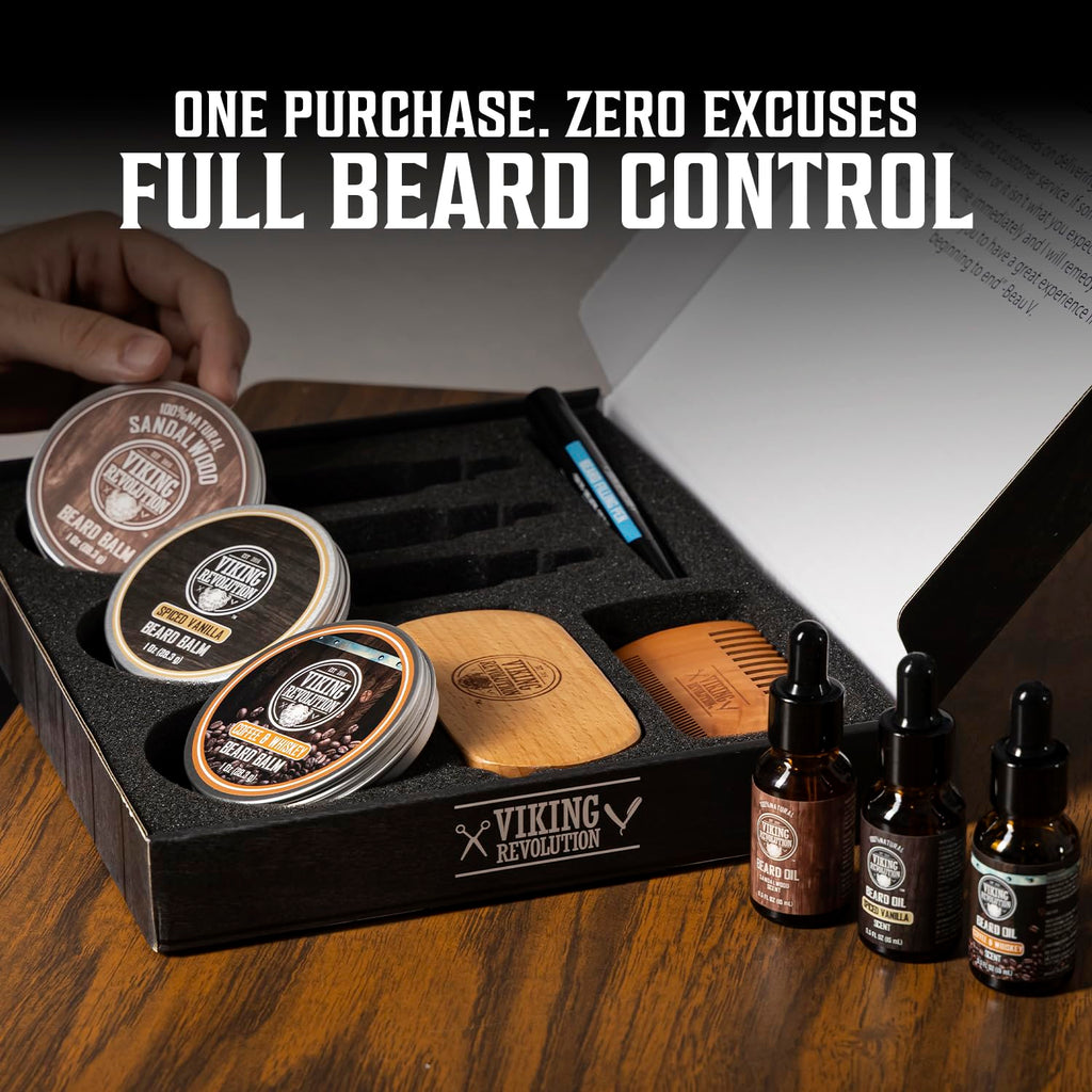 Viking Revolution 3 Pack Ultimate Beard Care Collection - Each Pack Includes 3 Beard Oils (3 X 0.5 FL OZ), 3 Balms (3 X 0.5 OZ), Brush, Wooden Comb & Filling Pen. Soften, Condition & Style