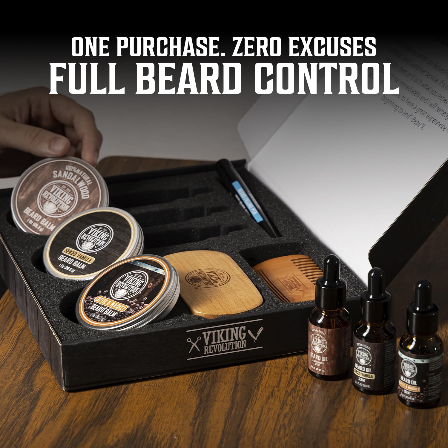 Viking Revolution 3 Pack Ultimate Beard Care Collection - Each Pack Includes 3 Beard Oils (3 X 0.5 FL OZ), 3 Balms (3 X 0.5 OZ), Brush, Wooden Comb & Filling Pen. Soften, Condition & Style