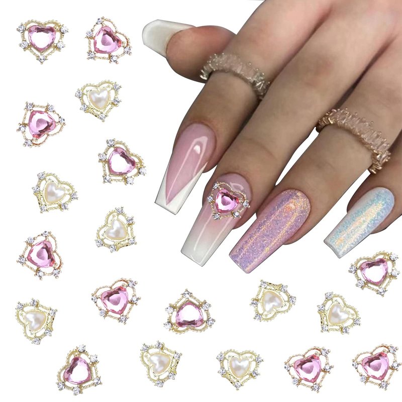 YOSOMK 24PCS Heart Nail Art Charms White Pink Nail Charms 3D Heart Pearls Nail Supplies Accessories 2 Colors Nail Gems Rhinestones Jewelry for Women Acrylic Nail Art Design Decoration