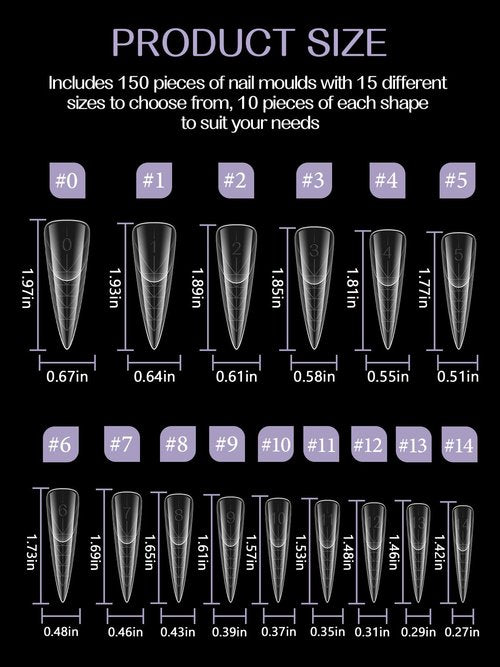 TOROKOM 150Pcs Poly Extension Gel Dual Nail Forms Clear Nail Forms Full Stiletto Nail Molds 15 Sizes for Gel Manicure Nail Art Design Salon&DIY