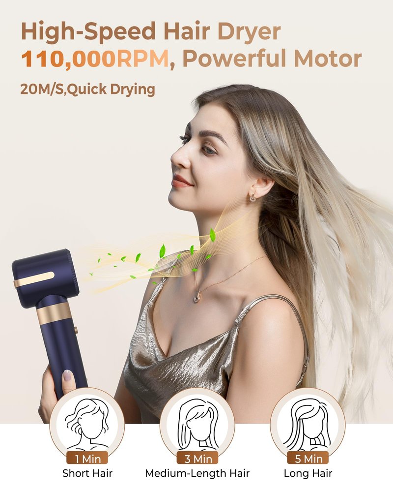 UKLISS Hair Dryer Brush 7 in 1，110000 RPM Hair Dryer with Diffuser for Curly & Twisted Hair Professional Ionic Brush Blow Dryer for Salon-Quality Styling (Blue Gold)