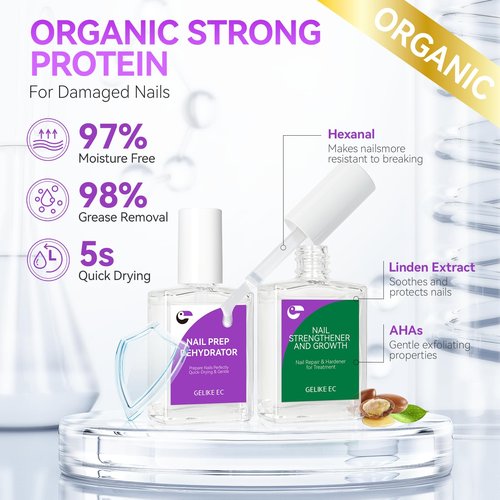 Gelike EC Nail Strengthener and Dehydrator Set: 15ml Natural Nail Hardener Extra Strong and Growth - Acid-Free Fast-Drying Formula - Professional Prep for Gel Polish Acrylic Nails