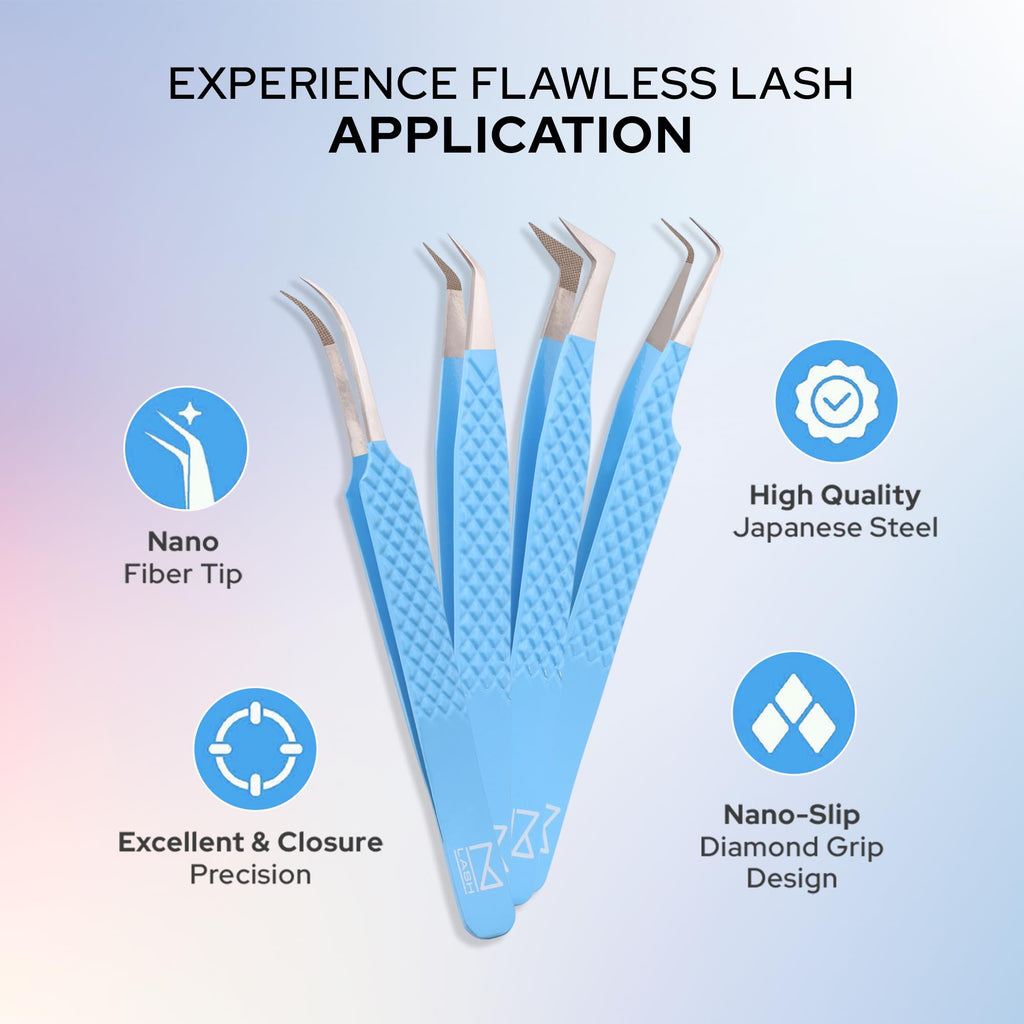M LASH Tweezers for Eyelash Extensions (Set of 4) - Professional Lash Extension Tweezers - Fiber Tip, Japanese Steel, Diamond Grip Eyelash Extension Tweezer set (Black)