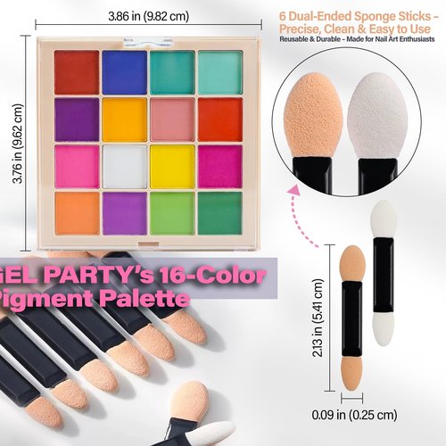 GELPARTY Solid Nail Pigment Palette (16 Colors) - Matte Gradient & Ombre Aura Art - Professional High Saturation Pure Powder (Not Eyeshadow) - One-Stroke, Non-Floating w/ 6 Applicators
