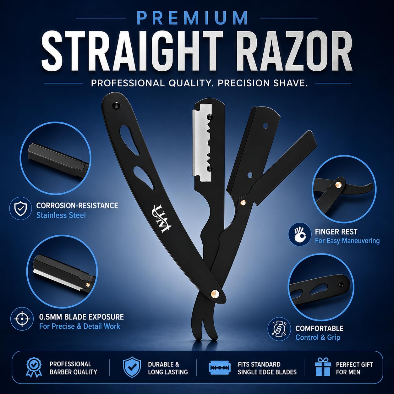 UM Supplies Straight Edge Razor Professional Barber Shaving Razor Kit With 10 Replaceable single Edge Blades