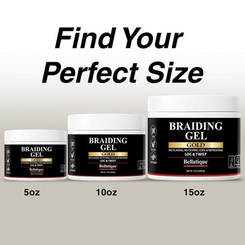 BELLATIQUE GOLD Braiding Gel Maximum Hold for LOC & Twist - No Flaking, No Whitening, Fast Drying, High Shine, Cool & Refreshing, Long Lasting Hold (5 oz)